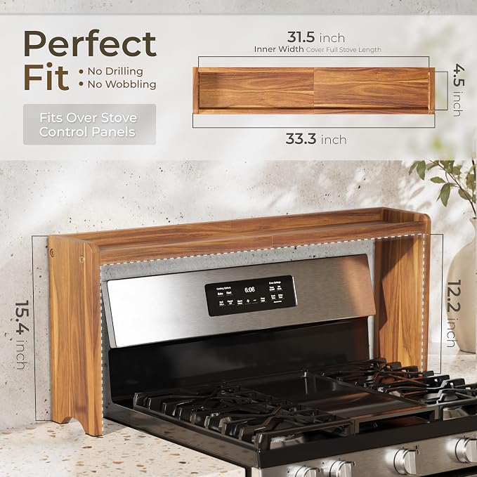 BLUEWEST Wood Over The Stove Spice Shelf for Kitchen Storage, 31.5" Solid Acacia Wood Stove Top Spice Rack Organizer, 12.2" Height, Water-Resistant, No Drilling, Easy to Assemble Kitchen Storage