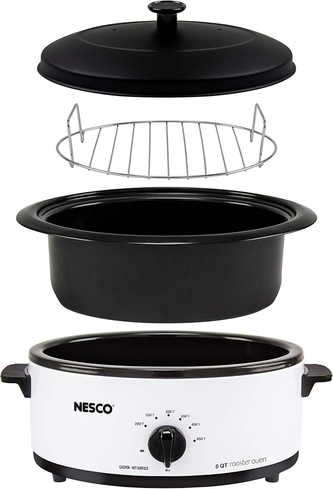 NESCO 4816‑14 Electric Roaster Oven for Everyday Home Cooking, White 6‑Quart Countertop Roaster with Porcelain Coated Steel Cookwell