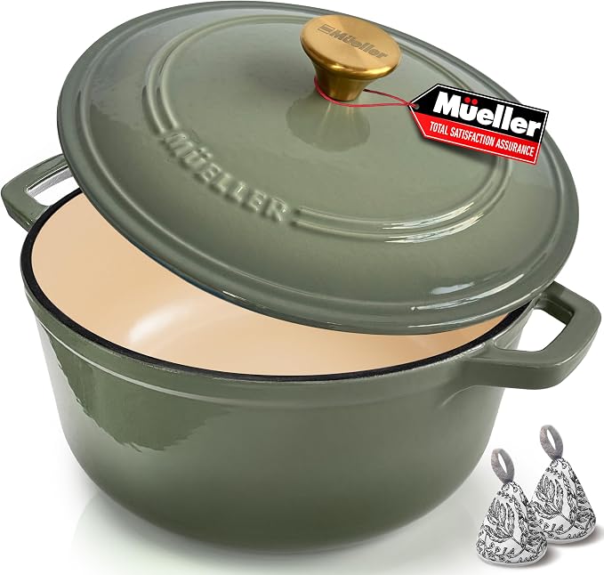 MUELLER HOME 6 Quart Enameled Cast Iron Dutch Oven For Sourdough Bread Baking, Heavy-Duty, Oven-Safe up to 500° F & Across All Cooktops, Casserole Dishes, Green Kitchen Accessories, Thyme Green