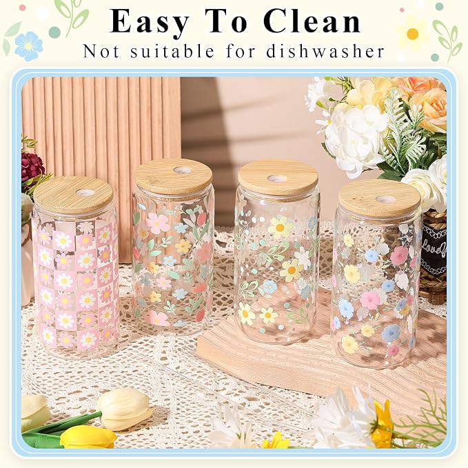 Mumufy 4 Pack Wildflower Glass Cups Gift Aesthetic Cute Glass Cup Tumbler Flower Iced Coffee Mugs 16 oz with Bamboo Lid & Straw, for Wedding Birthday Bridesmaid Mom Baby Shower