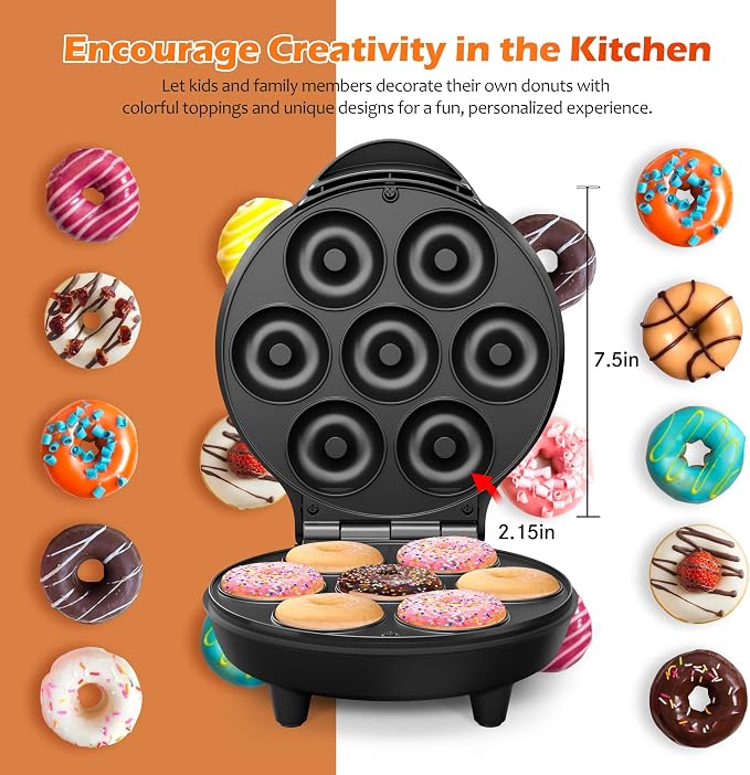 KEINVE Mini Donut Waffle Cake Maker, 7 Slots Home Baking Machine, Great for Breakfast, Snacks, Desserts and More