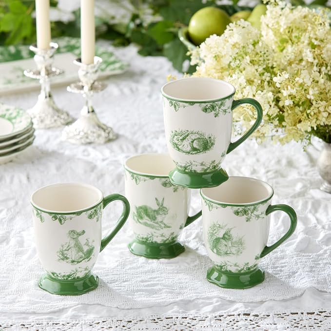 Le Jardin 6oz MUGS SET OF 4 – Green Bunny Stoneware Cups for Coffee, Tea & Cocoa – Charming Drinkware for Spring Brunch or Morning Routines