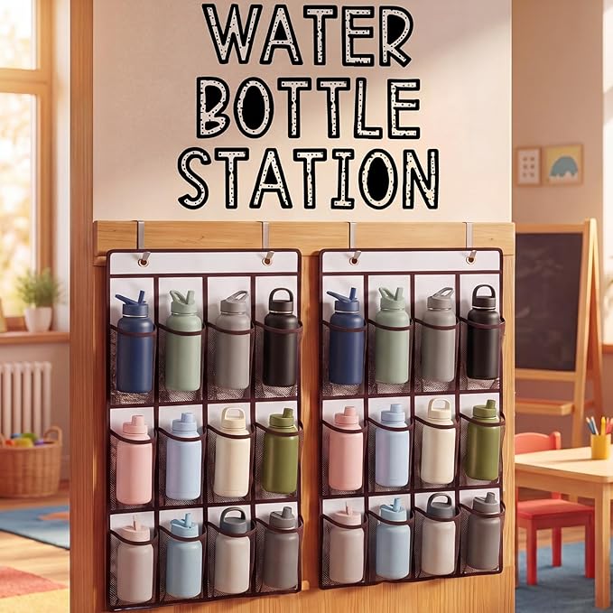Eaasty 2 Pack Water Bottle Holder Organizer with Water Bottle Station Stickers, 29.13" x 17.72" Mesh Pocket Storage for Classroom Door Hanging Organizer Includes Hooks for Back to School Supplies