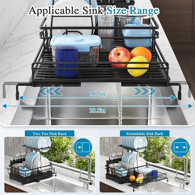 2 Tier Dish Drying Rack, Large Extendable Dish Racks for Kitchen Counter , Dishrack with Drainboard, 2-in-1 Anti-Rust Stainless Steel Dish Drainer with Utensil Holder (Black, double of Dish Rack)