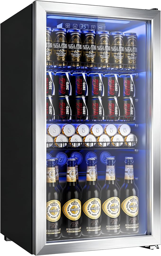 Manastin Beverage Refrigerator Cooler-Mini Fridge Freestanding Cooler with Glass Door, Adjustable Shelves & Digital Temperature Display for Soda, Wine or Beer (Silver, 3.2 Cu.Ft)
