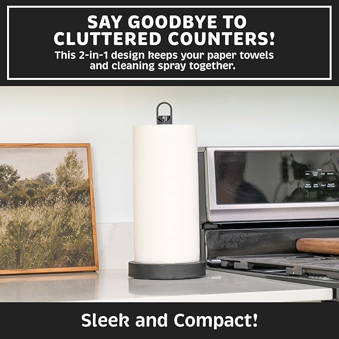 Stainless Steel Paper Towel Holder with Spray Pump – One-Handed Tear, Smart Traction System, 5 oz Sprayer Bottle, Heavy Duty Suction Cups, Weighted Base, Kitchen Towel Dispenser for Countertop Use