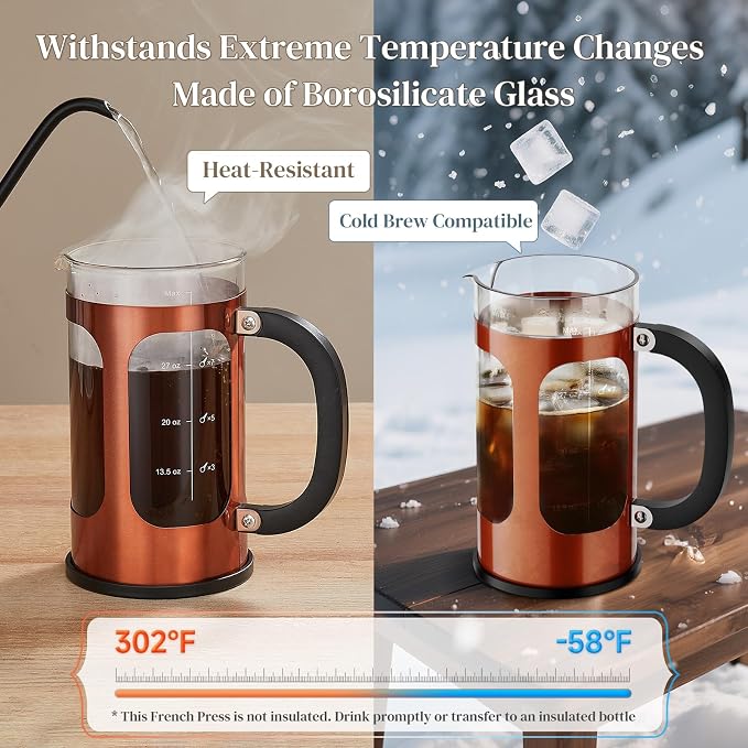 Veken French Press Coffee Maker 34oz 1 L, No Plastic Touching Cafe, Heat Resistant Thickened Borosilicate Glass, Stainless Steel Brewer, Cold Brew Cafetera Teapot for Kitchen Travel Camping, Copper