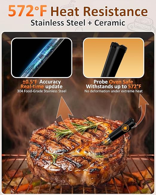±0.5°F Accuracy Shows Real-Time Temp Wireless Meat Thermometer: Smart 900ft Bluetooth Keeps Connection Across Wall - Meat Probe Withstands Max 572°F Heat Oven Safe Easy Setup App for BBQ Smoker Grill