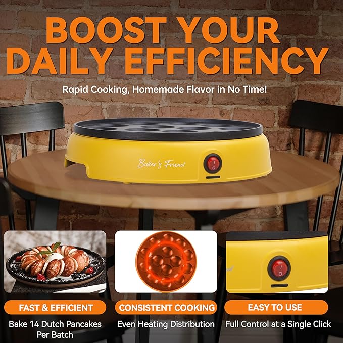 Baker's Friend Mini Pancakes Maker Machine, Dutch Mini Pancake Griddle, 14 Holes Electric Poffertjes Pan, Ideal for Breakfast, Snacks, Desserts & More, Yellow