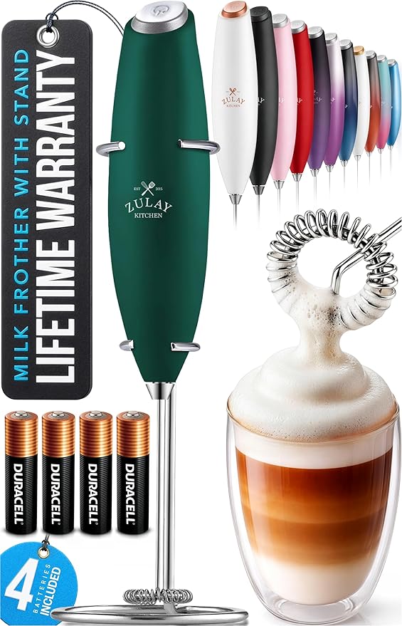 Zulay Kitchen Powerful Milk Frother Wand With 4 AA Duracell Batteries - Ultra Fast Handheld Drink Mixer - Electric Whisk Foam Maker for Coffee, Lattes, Cappuccino, Matcha & Creamer - Dark Green