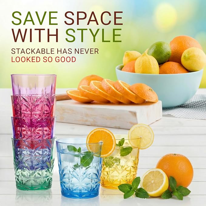 Bravario Royal Plastic Drinking Glasses,13 oz Set of 6, Plastic Cups Reusable Dishwasher Safe, Premium Juice & Water Tumblers for Home Kitchen Pool Party, Great Gift, BPA-Free Durable Mixed Colors
