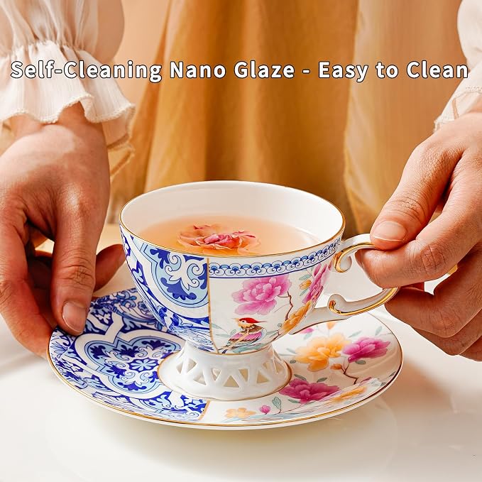 Bone China Cup & Saucer Set, Ceramic Coffee Cup with Gold Trim, Porcelain Floral Tea Cup with Saucer & Spoon, Food Grade Coffee Mug for Women, Tea Party, Gifts Giving, 6.8 oz