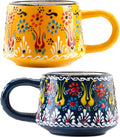 BCS 6 Oz Cappuccino Cups Set of 2, Ceramic Coffee & Tea Mugs, Colorful Handmade Cups, Dishwasher & Microwave Safe Ceramic Mugs (3 Inches, Yellow - Navy Blue)