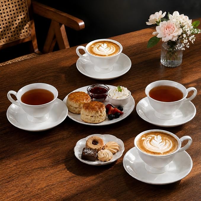 Fine Bone China Tea Cups and Saucers Set of 4, 4 Oz Vintage British Royal Style Espresso Coffee Cups for Afternoon Tea, Latte, Cappuccino, Elegant Gift