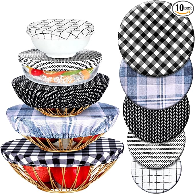 Patelai 10 Pcs Bowl Covers Reusable in 5 Size Stretch Cloth Fabric Elastic Food Storage Bowl Covers Bread Sourdough Lids for Proofing Food Fruits Leftover(Black, White, Blue,Plaid Style)