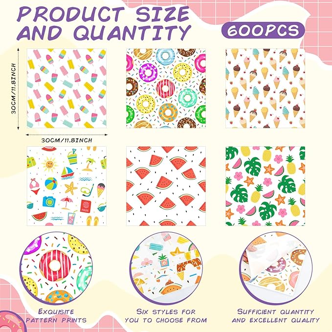 Reallnaive 600 Pcs Summer Food Wax Paper Sheets 12 x 12 Inch Parchment Deli Tissue Paper Sandwich Wrapping Sheets Food Basket Liners for Kitchen Restaurant Baking Supplies, 6 Styles