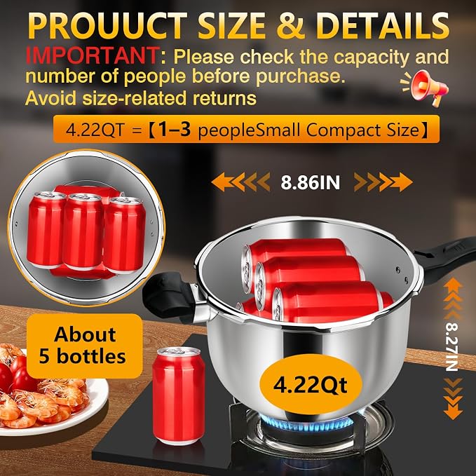 4.22QT Heavy-Duty Stainless Steel Pressure Cooker | Commercial Grade, Explosion-Proof Safety System, Even Heat Base | Professional Small Pressure Pot for Home Kitchen