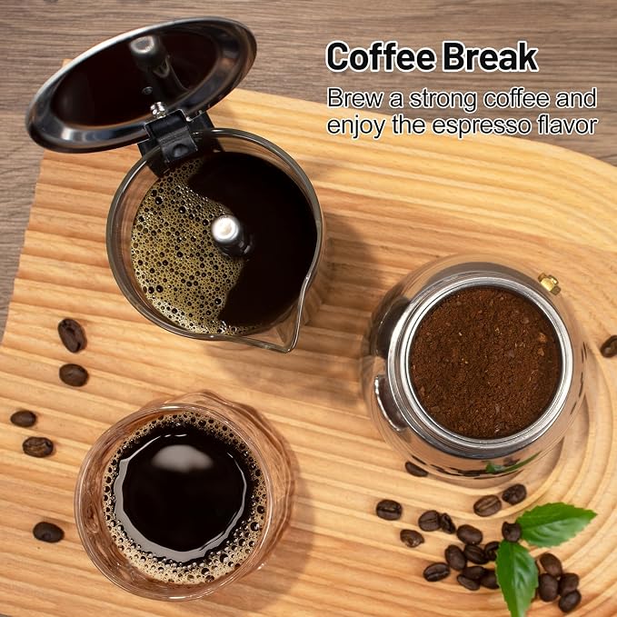 No Coating 4 Cup Glass Clear Moka Pot Thickened 304 Stainless Steel Stovetop Espresso Maker Italian Coffee Machine 200ml 6.8oz Classic Mocha Cafe Greca Coffee Suitable for Gas Induction