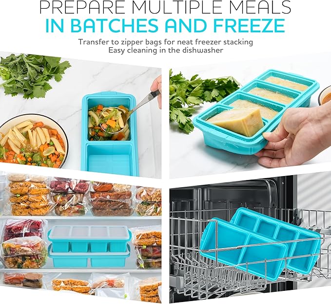 Xomoo Silicone Freezer Tray With Lid - Soup Freezer Container molds - Large Ice Cube Tray- makes 8 perfect 1-Cup & 2-Cup Ice cube Molds Food Soups Storage Containers - Oven & Dishwasher -Safe
