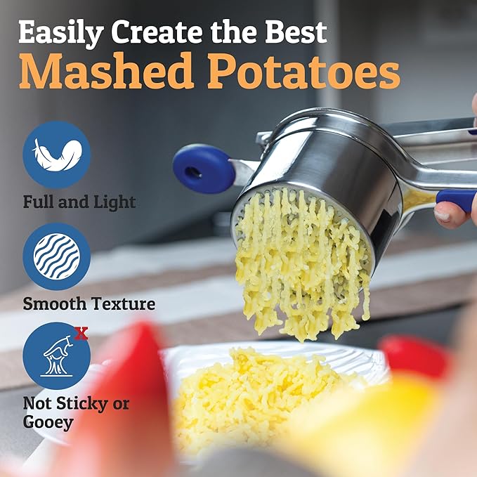 PriorityChef Large 15oz Potato Ricer With 3 Discs, Heavy Duty Stainless Steel Potato Ricer for Mashed Potatoes, Potato Masher, Press and Ricer Kitchen Tool, Blue