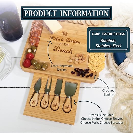 Pavilion - Life Is Better At The Beach - Square Cheese Board & Knife Set with Hidden Drawer, Charcuterie Board, Bread Board, 1 Count - Pack of 5, 13 x 13 x 1.25-Inches