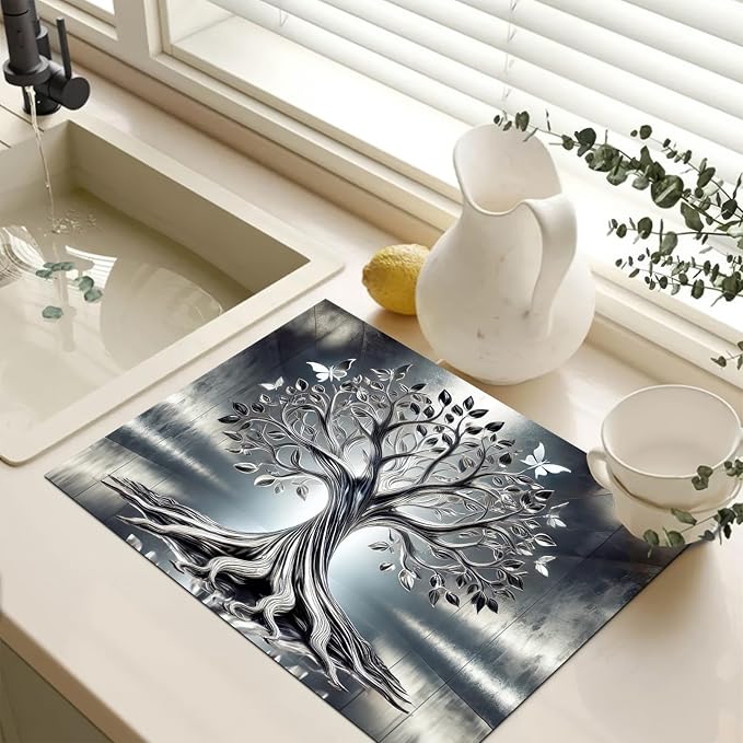 HOMETITUTE Diatomite Tree of Life Stove Top Cover for Electric Stove Butterfly Dish Drying Mat 28x20 Inch Kitchen Protector Heat Resistant Pad Coffee Mat