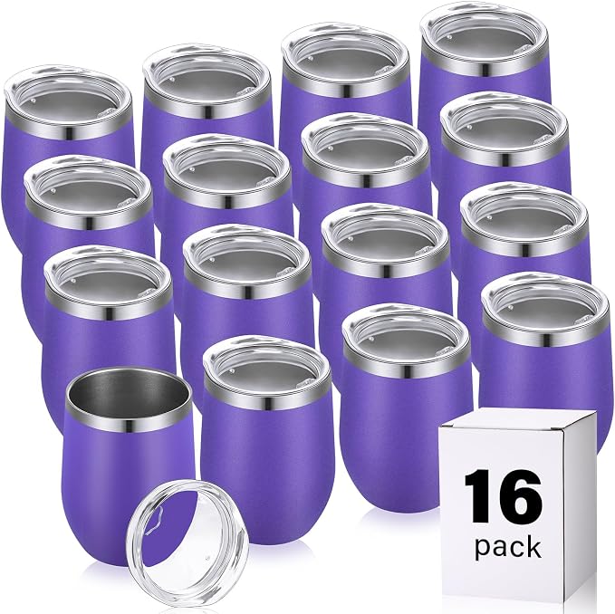 Remagr 16 Pack Stainless Steel Wine Tumblers 12 oz Insulated Vacuum Wine Cup Set Double Wall Stainless Steel Stemless Mug Glasses for Coffee Soda Whiskey Outdoor Travel (Purple)