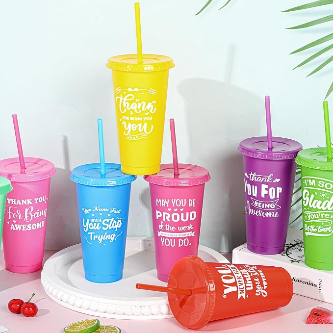 Kochorie 24 Pieces Thank You Cups 24 Oz Inspirational Plastic Tumbler Cup with Lids and Straws Reusable Appreciation Gift Bulk Thank You Gifts for Staff Coworker Teacher Employee, Rainbow