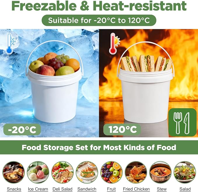 4 Pack 1.3 Gallon White Plastic Storage Buckets with Screw Lids, Food Grade Container with Measurement Markings, Reusable Small Container