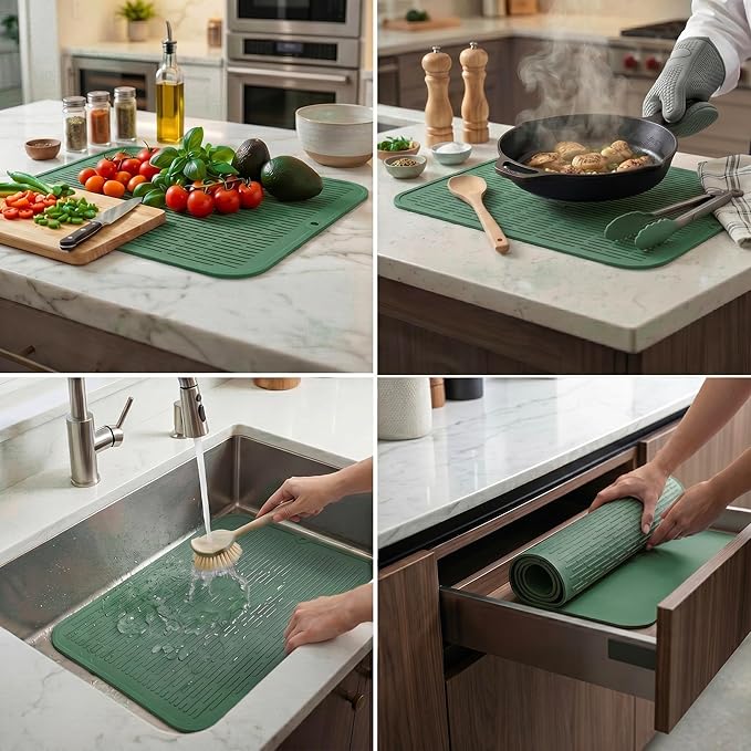 MicoYang Silicone Dish Drying Mat for Multiple Usage,Easy clean,Eco-friendly,Heat-resistant Silicone Mat for Kitchen Counter or Sink,Refrigerator or Drawer Liner Green 2XL 24 inches x 18 inches
