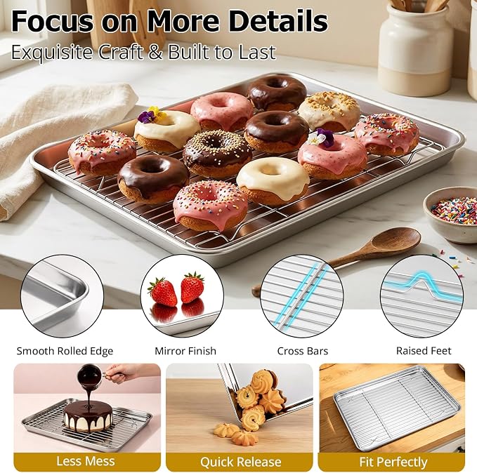 Onader Baking Sheet with Wire Rack, 16x12 Inch Stainless Steel Cookie Sheet with Cooling Racks for Cooking and Baking, Jelly Roll Pan for Oven, 1 Pan + 1 Rack, Nonstick & Rust Resistant