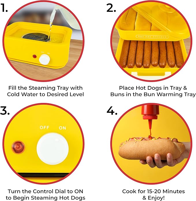 Nostalgia Oscar Mayer Diner-Style Hot Dog Steamer and Bun Warmer, 8 Hot Dog and 4 Bun Capacity, Steam Bratwursts, Sausages, Vegetables, Fish, Dumplings, Yellow