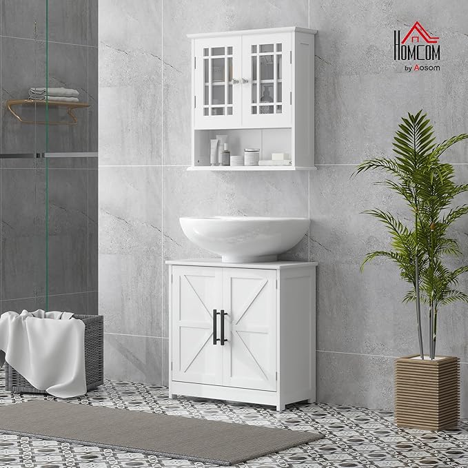 HOMCOM Pedestal Sink Storage Cabinet, Farmhouse Freestanding Bathroom Sink Cabinet with 2 Barn Doors and Adjustable Shelf, White