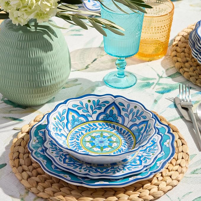 Porto 12 Pc. MELAMINE DINNERWARE SET, SERVICE for 4 – artistically designed Talavera Tile Art, Turquoise Blue Yellow Mandala