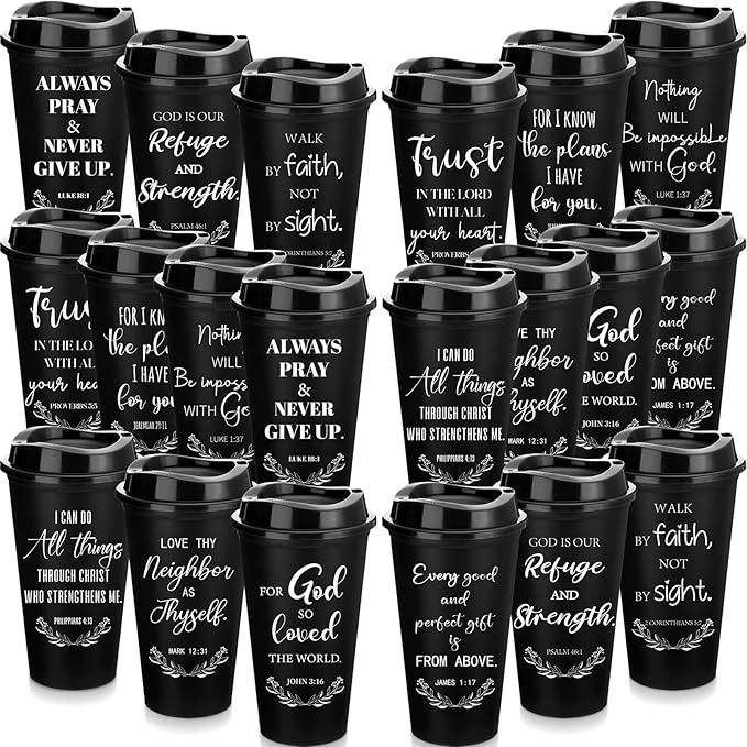 Skylety 60 Pack Bulk Christian Gifts for Men Women 16oz Reusable Bible Verse Tumbler Plastic Coffee Cup with Lid Inspirational Religious Church Gift for Teacher Graduation Party Favor (Black)
