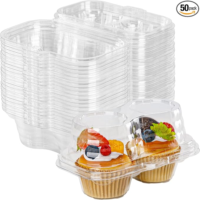 NPLUX 2 Count Cupcake Containers 50 Pack Cupcake Holders with Detachable Tall Dome Lids Clear Plastic Stackable Cupcake Boxes for 100 Cupcakes, BPA Free, Standard Size