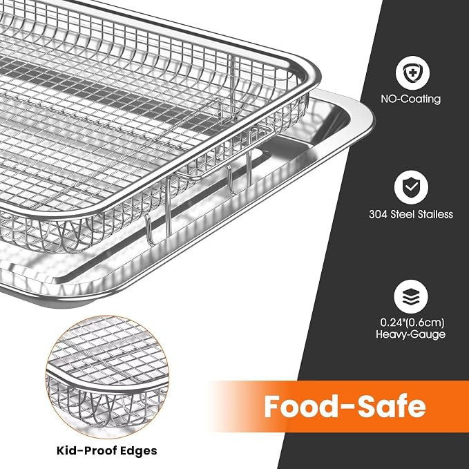 XL Air Fryer Basket & Pans for Oven | Fits 6 lb whole chicken, 18.7"x12.8" 6mm thick steel rack & tray, 30 papers, dishwasher safe ≤150°F, heavy-duty air fry