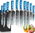 10-Piece Premium Japanese Kitchen Knife Set - Star Collection, Laser Damascus Pattern, 440A Stainless Steel Ultra Sharp for Fast Cutting (Blue)