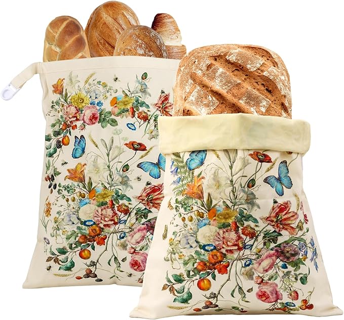 2 Pack Beeswax Bread Bags for Sourdough and Homemade Bread, XL 17x13in Reusable Cotton Storage Bags, Botanical Print Double-Layer with Beeswax Lining, Easy to Clean Artisan Bread Keeper | Keeps loaves soft, Protects fresh bake, Flexible usage, Secure b...