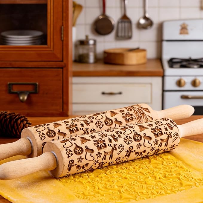 Wooden Embossed Rolling Pin for Baking & Crafts-Easy to Clean, Lightweight Design for Cookie Dough, Pie Crust & Pastry- Deep Engraved Pattern Roller Also Perfect for Clay- Essential Kitchen & DIY Tool