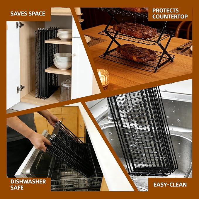 4 Tier Collapsible Cooling Rack with Adjustable 6 Setting Design stackable wire rack for baking sheet for Cookies Baking Gifts for Women (Black, 4-Tier)