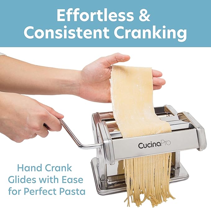 Pasta Maker Machine- Heavy Duty Chrome Coated Steel Construction with Fettucine & Spaghetti Attachments, Rollers w Adjustable Thickness Settings, Manual Hand Crank for Precise Noodles w Recipe Guide