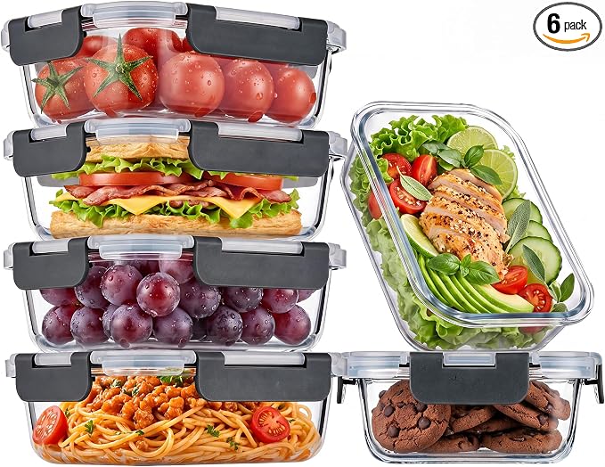 6-Pack 22oz Glass Meal Prep Containers with Lids, Airtight Leakproof Snap Lock Food Storage, Freezer, Microwave, Oven & Dishwasher Safe Bento Boxes for Meal Prepping, Grey