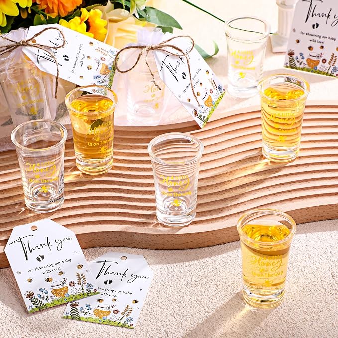 Pickmesh 25 Sets Honey Bee Baby Shower Shot Glasses for Guests Include Little Honey Is on The Way Acrylic Shot Glasses Bee Cards Bags for Gender Reveal Summer Party Favors Supplies