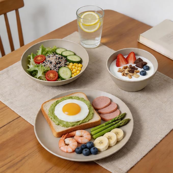 Wheat Straw Melamine Dinnerware Sets 18 Piece for 6, Shatterproof Plates and Bowls Set, BPA Free & Dishwasher Safe, Lightweight MattWarm Beige Finish Dish Set (18, Warm Beige)
