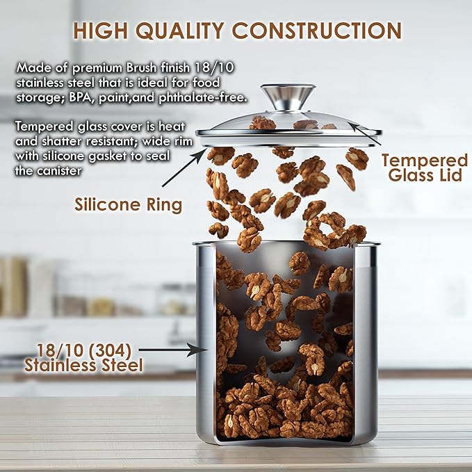 Cooks Standard Large Airtight Kitchen Canister Set for Coffee, Flour & Sugar Storage – 18/10 Stainless Steel Food Storage Containers with Glass Lid – Pantry Organization Jars, 4 Pack (5 Qt to 1.6 Qt)