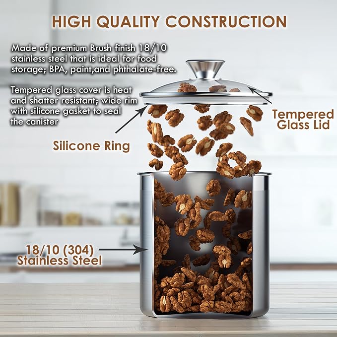 Cooks Standard Airtight Kitchen Canister Set for Coffee, Flour & Sugar Storage – Stainless Steel Food Storage Containers with Glass Lid – Pantry Organization Jars, 4 Pack