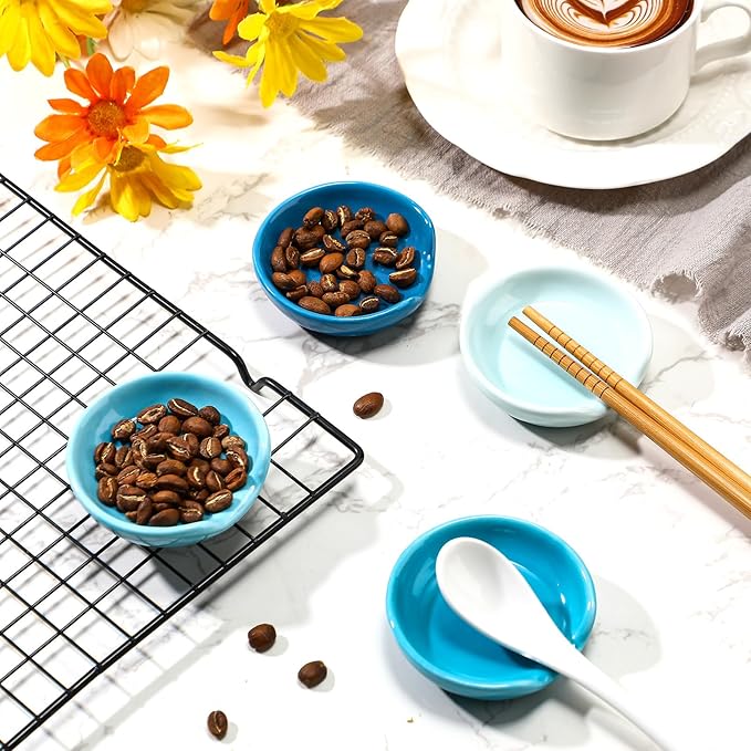 Boao 2.7 Inches Mini Ceramic Spoon Rests, Gold Rim Kitchen Spoon Rests, Mini Cooking Spoon Holder for Stove Top Countertop, Teaspoon Rest, Coffee Stir Spoon Rest (Blue, 4 Pieces)