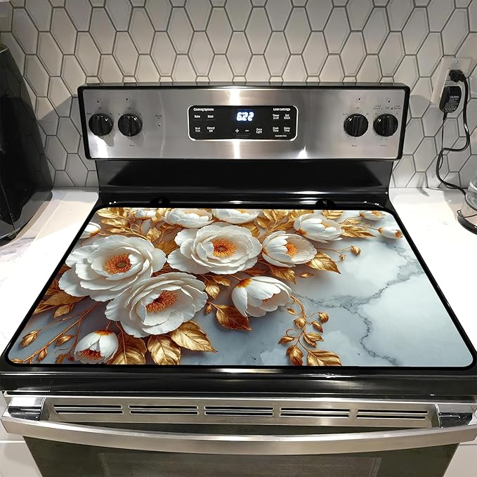 Glass stove top cover 28"x 20", Stove Top Covers for Electric Stove, Flat Range Mat for Glass Cooktop, Kitchen Heat-Resistant Protector Mat Non-Slip Drying Mat (Peony)