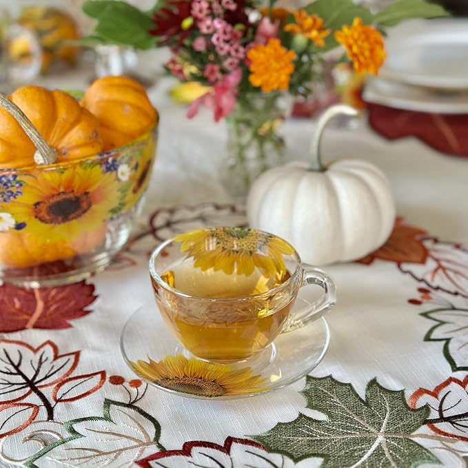 STP GOODS Sunflowers Glass Tea Cup and Saucer Set of 2 Glass Teacups 6.8 fl oz (200 ml) Cups with Matching Saucers for Two, Tea Coffee Set for 2, Coffee Cups, Dishwasher and Microwave safe